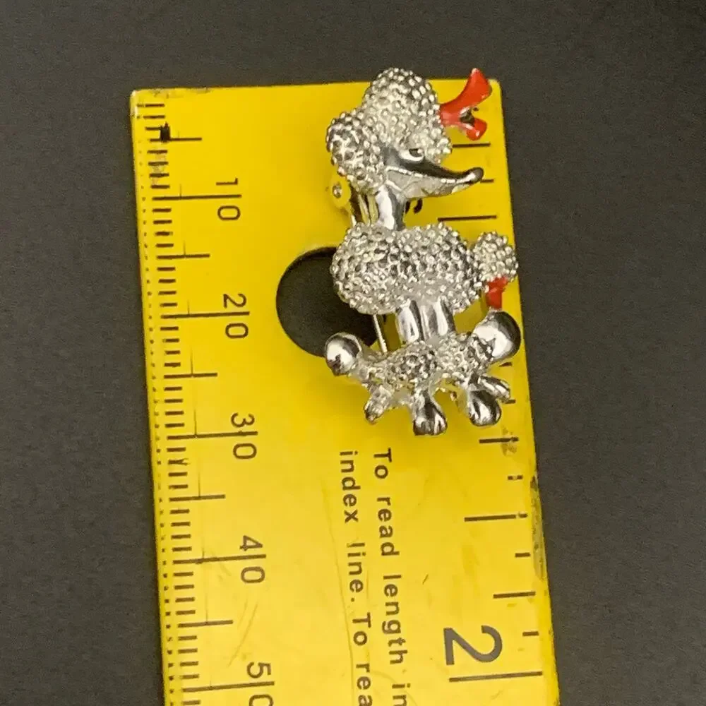 Vintage Poodle with Red Bow Brooch